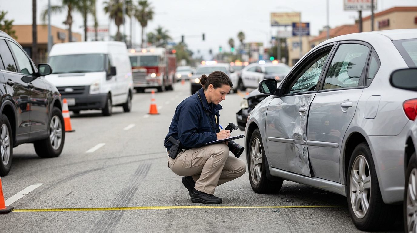 Traffic accident investigator documenting vehicle damage at a multi-vehicle collision scene.
