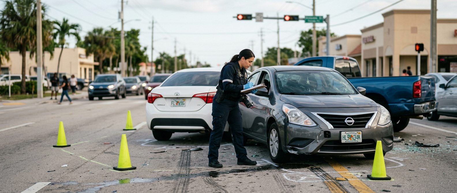 Traffic accident investigator documenting vehicle damage at a multi-vehicle collision scene in Hialeah.