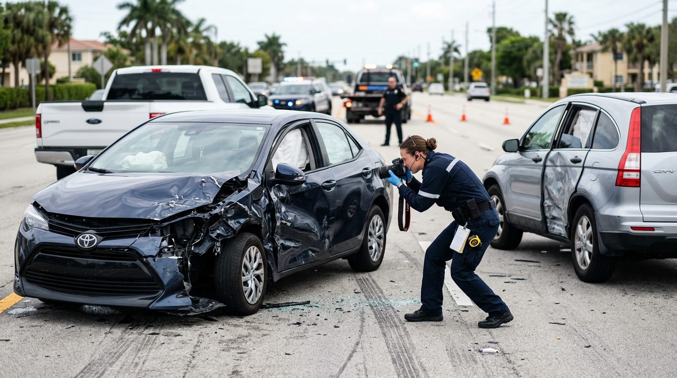 Traffic accident investigator documenting vehicle damage at multi-vehicle collision scene.