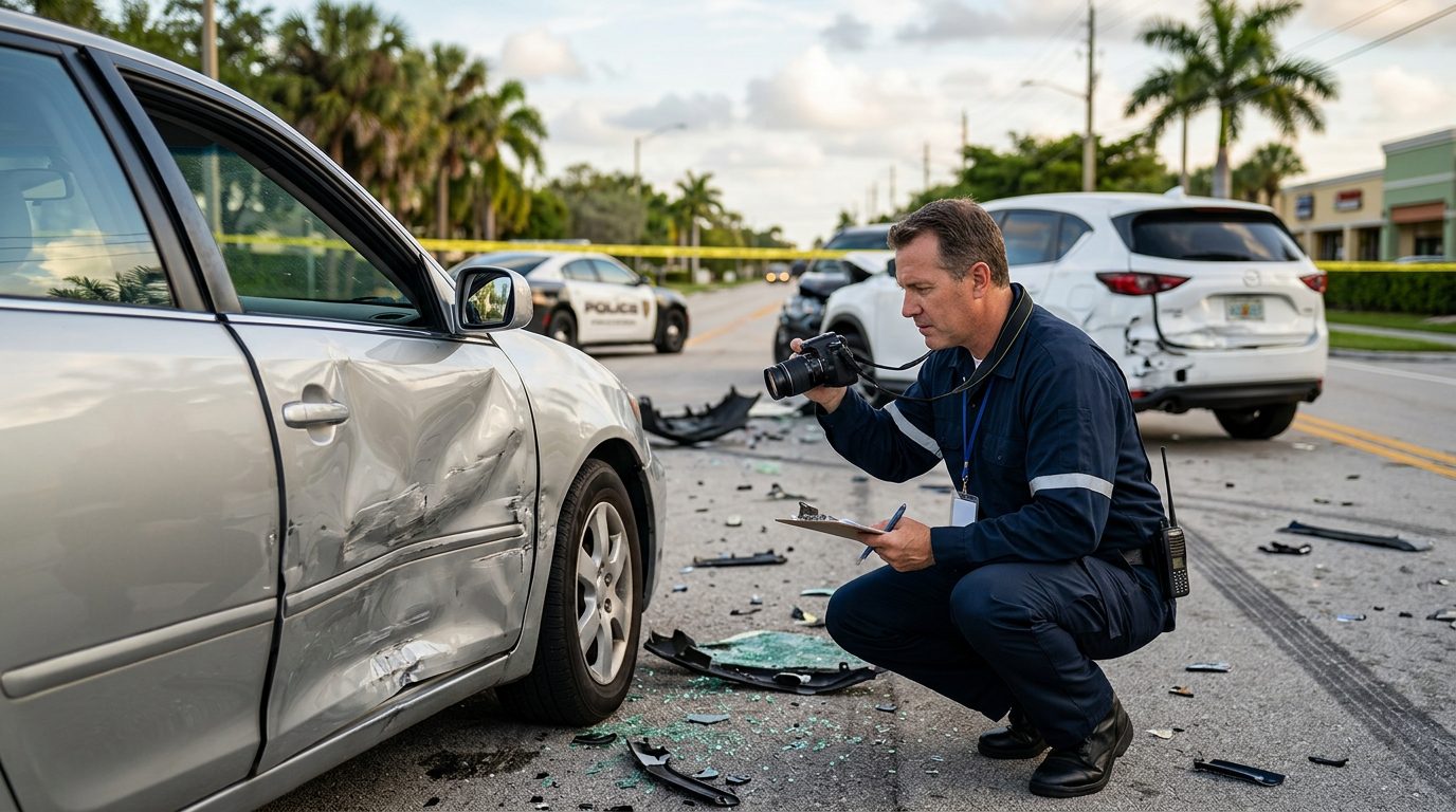 Traffic accident investigator documenting vehicle damage at multi-vehicle collision scene.