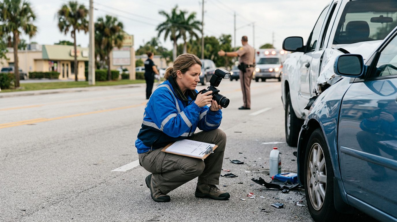 Traffic accident investigator documenting vehicle damage at multi-vehicle collision scene.