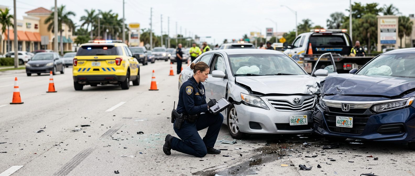 Traffic accident investigator documenting vehicle damage at multi-vehicle collision scene.