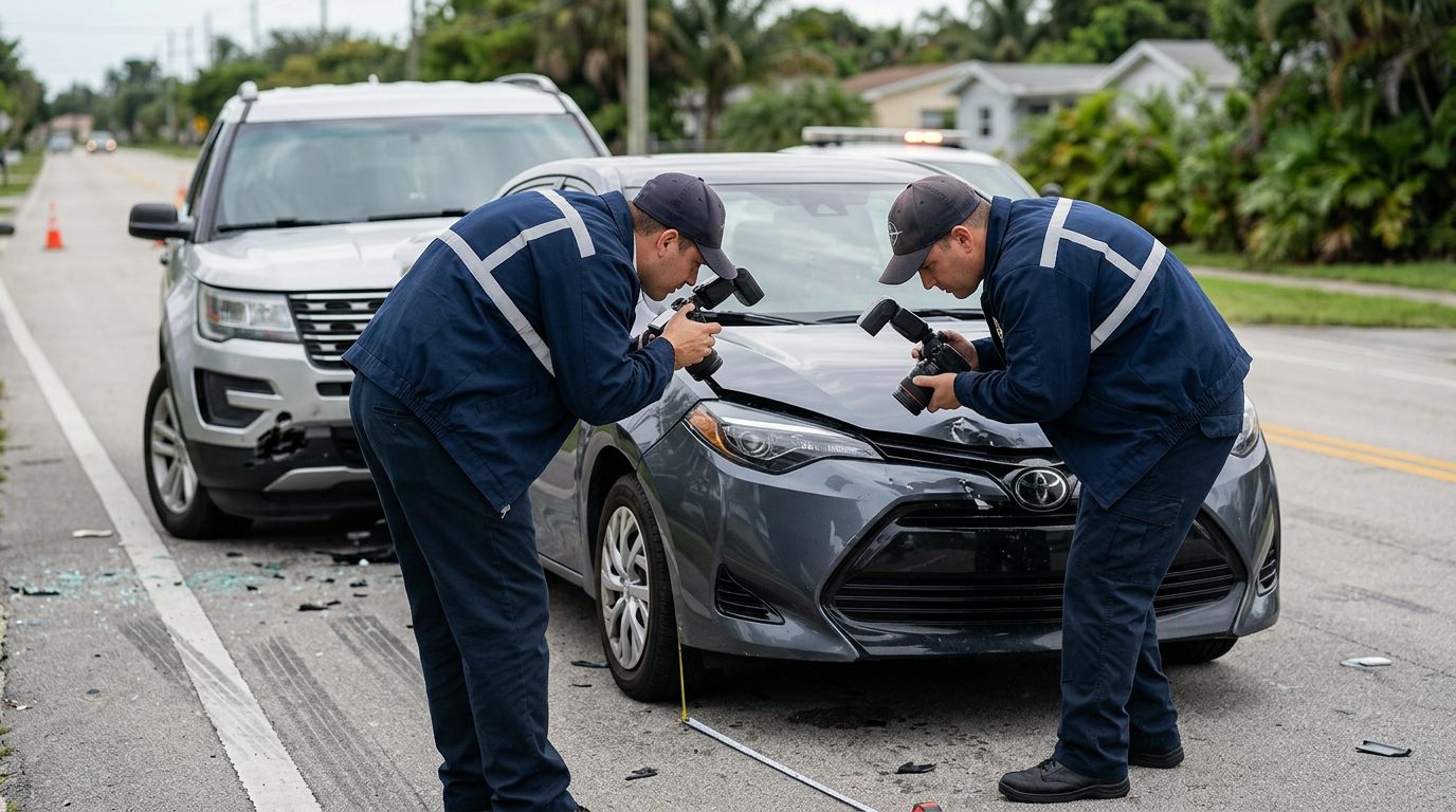 Traffic accident investigator documenting vehicle damage at multi-vehicle collision scene.