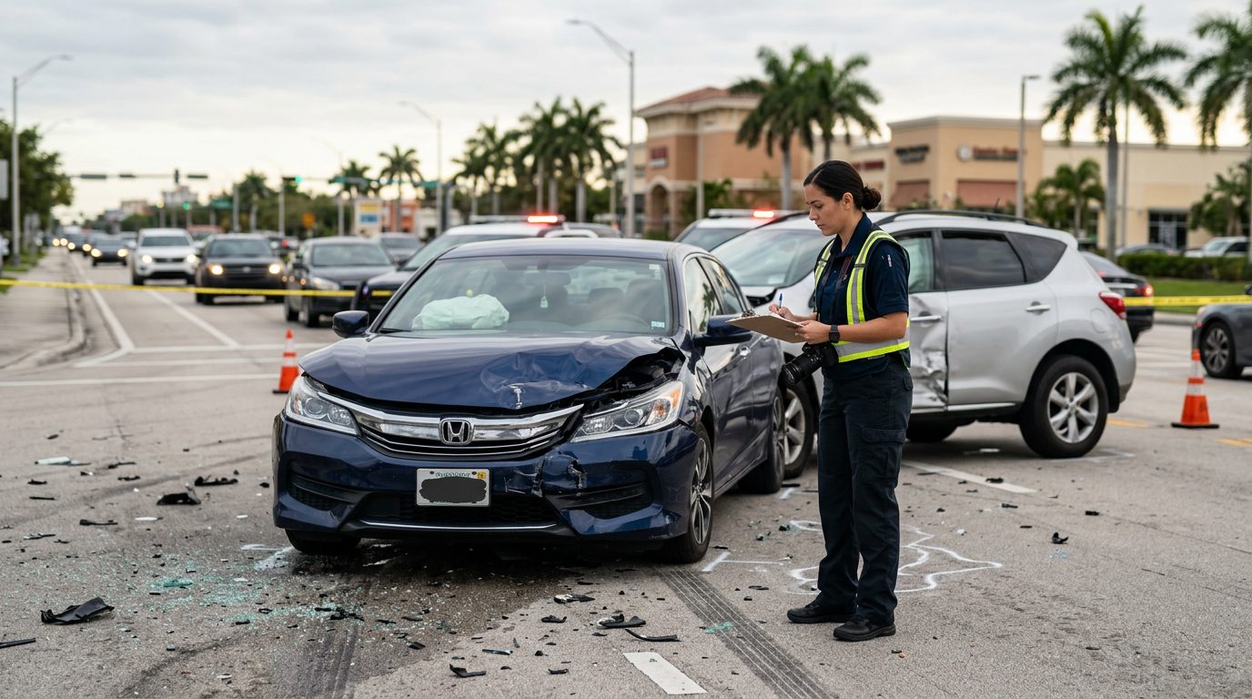 Traffic accident investigator documenting vehicle damage at a multi-vehicle collision scene in Doral.