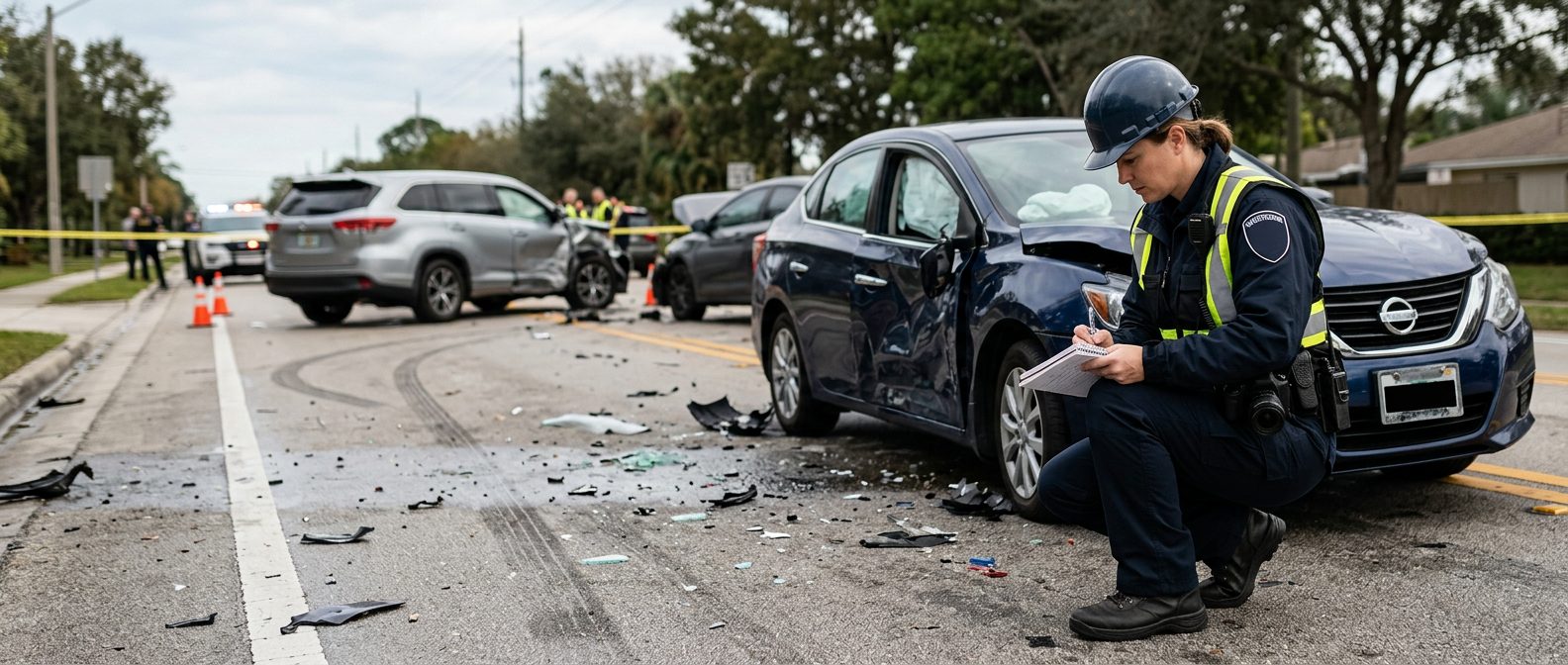 Traffic accident investigator documenting vehicle damage at a multi-vehicle collision scene.