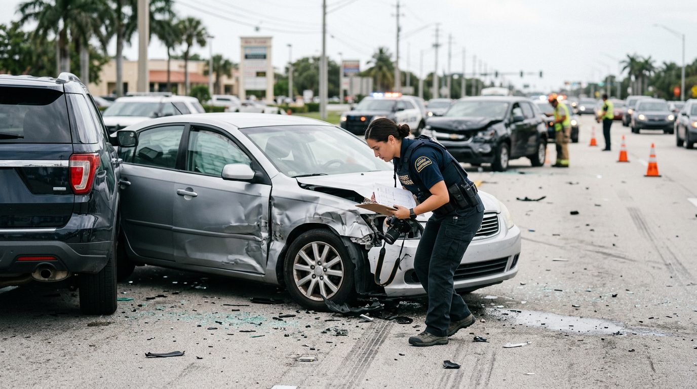 Traffic accident investigator documenting vehicle damage at a multi-vehicle collision scene.