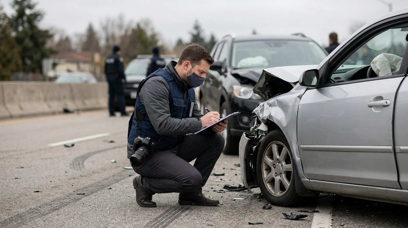 Traffic accident investigator documenting vehicle damage at a multi-vehicle collision scene.
