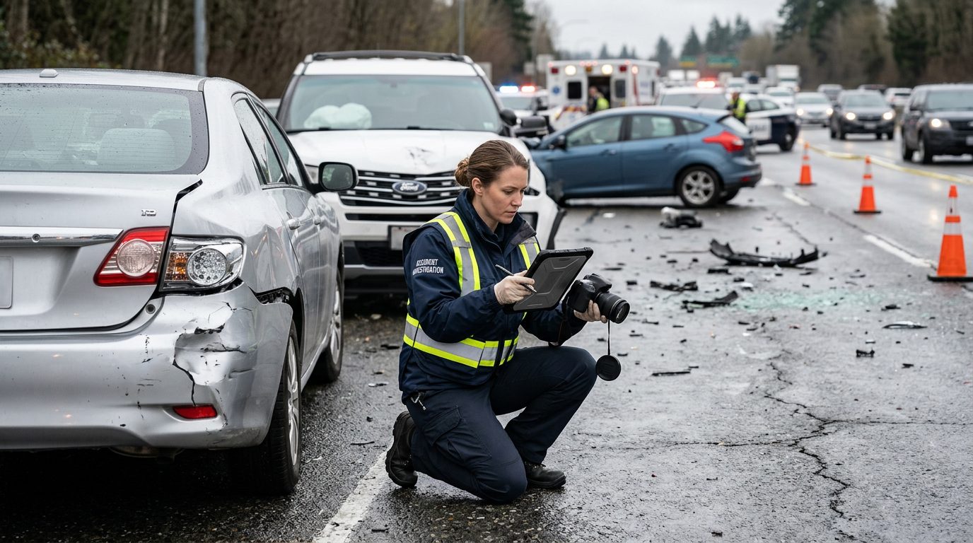 Traffic accident investigator documenting vehicle damage at a multi-vehicle collision scene.