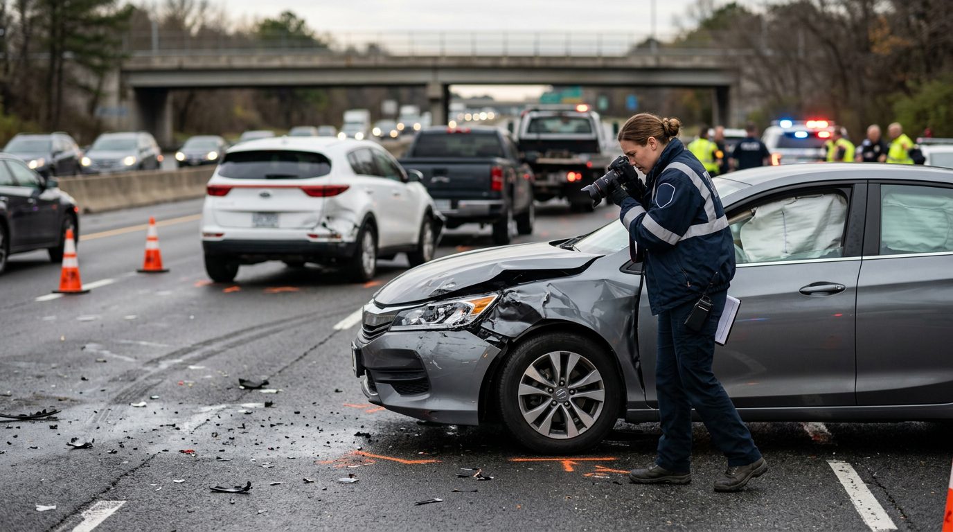 Traffic accident investigator documenting vehicle damage at a multi-vehicle collision scene.