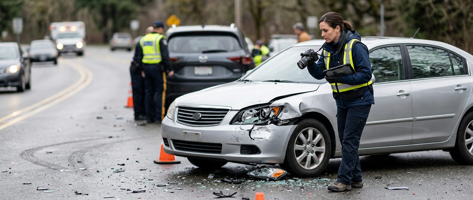 Traffic accident investigator documenting vehicle damage at multi-vehicle collision scene.