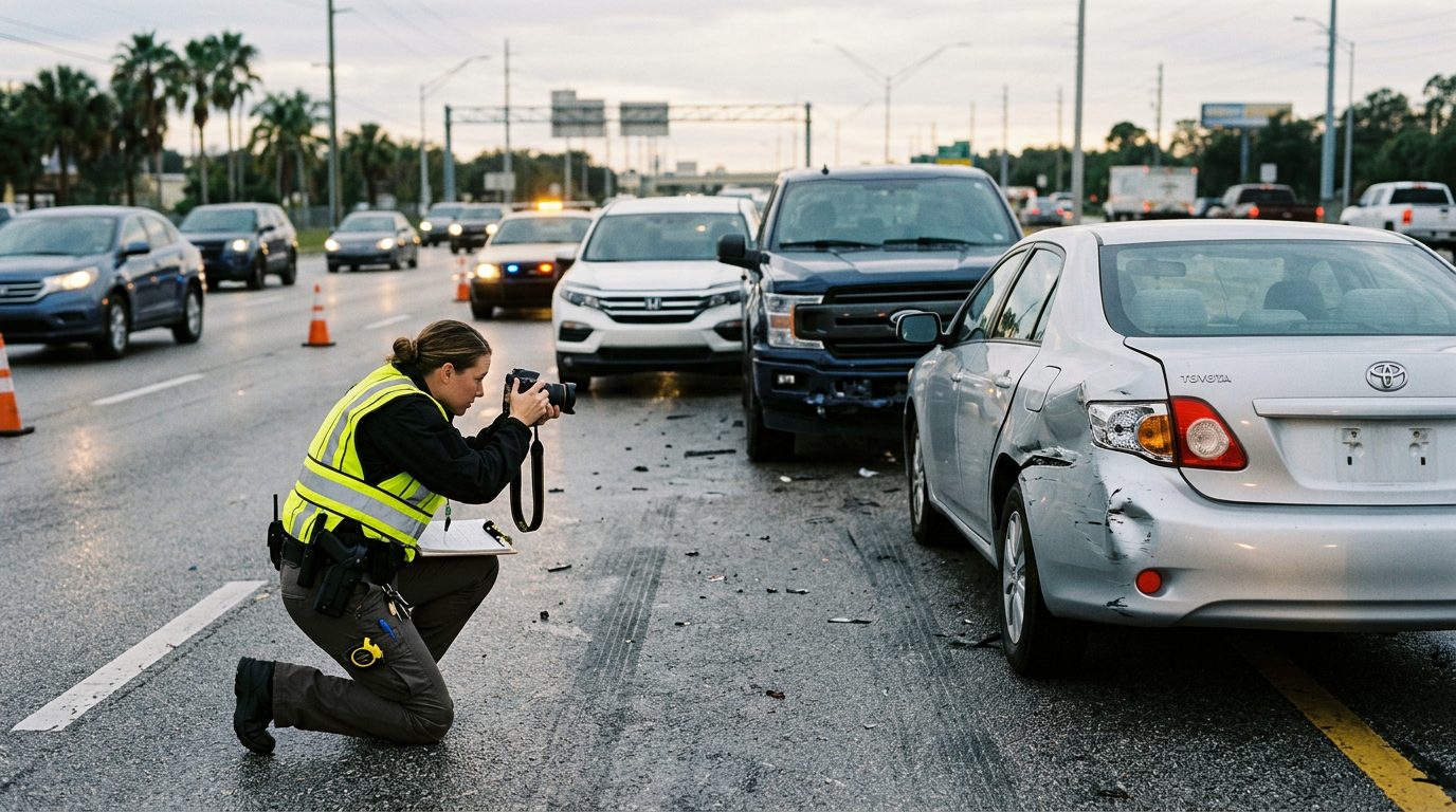 Traffic accident investigator documenting vehicle damage at a multi-vehicle collision scene.