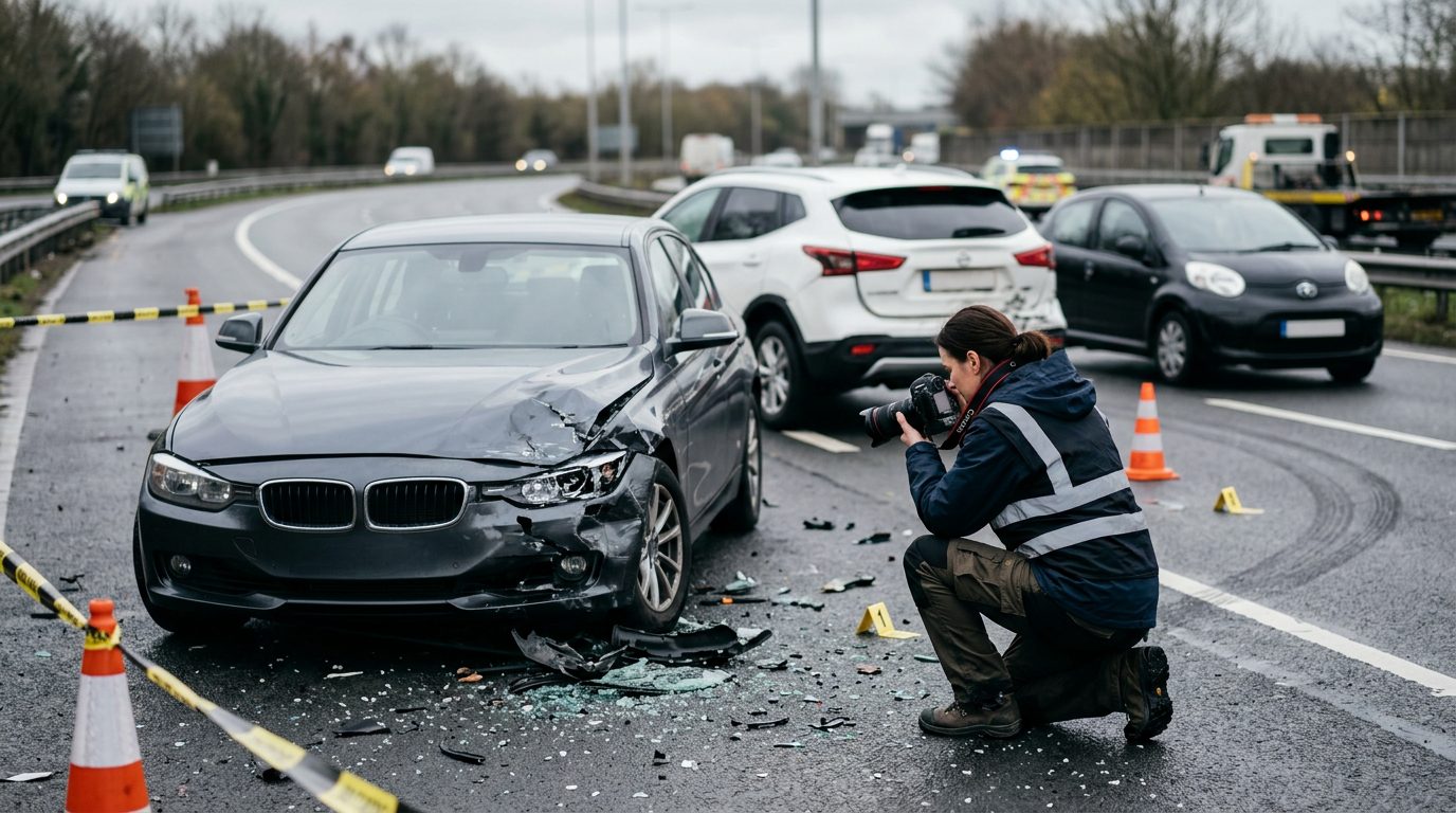 Traffic accident investigator documenting vehicle damage at multi-vehicle collision scene.