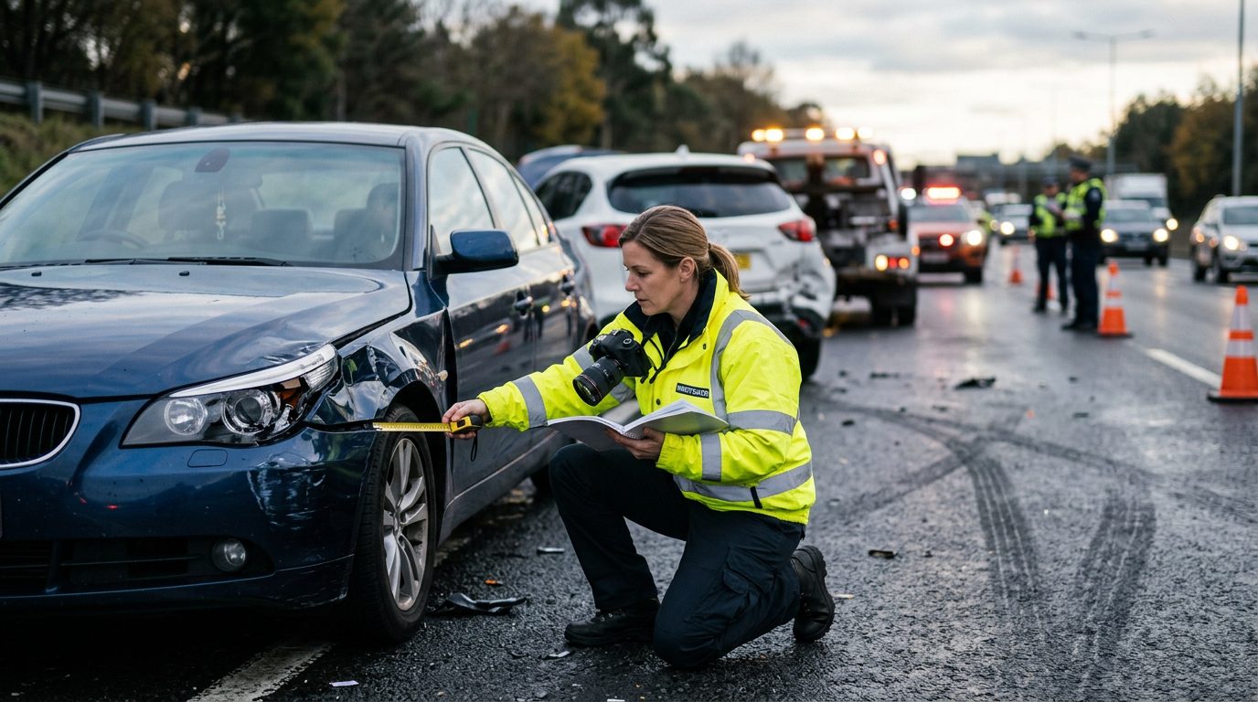 Traffic accident investigator documenting vehicle damage at multi-vehicle collision scene.