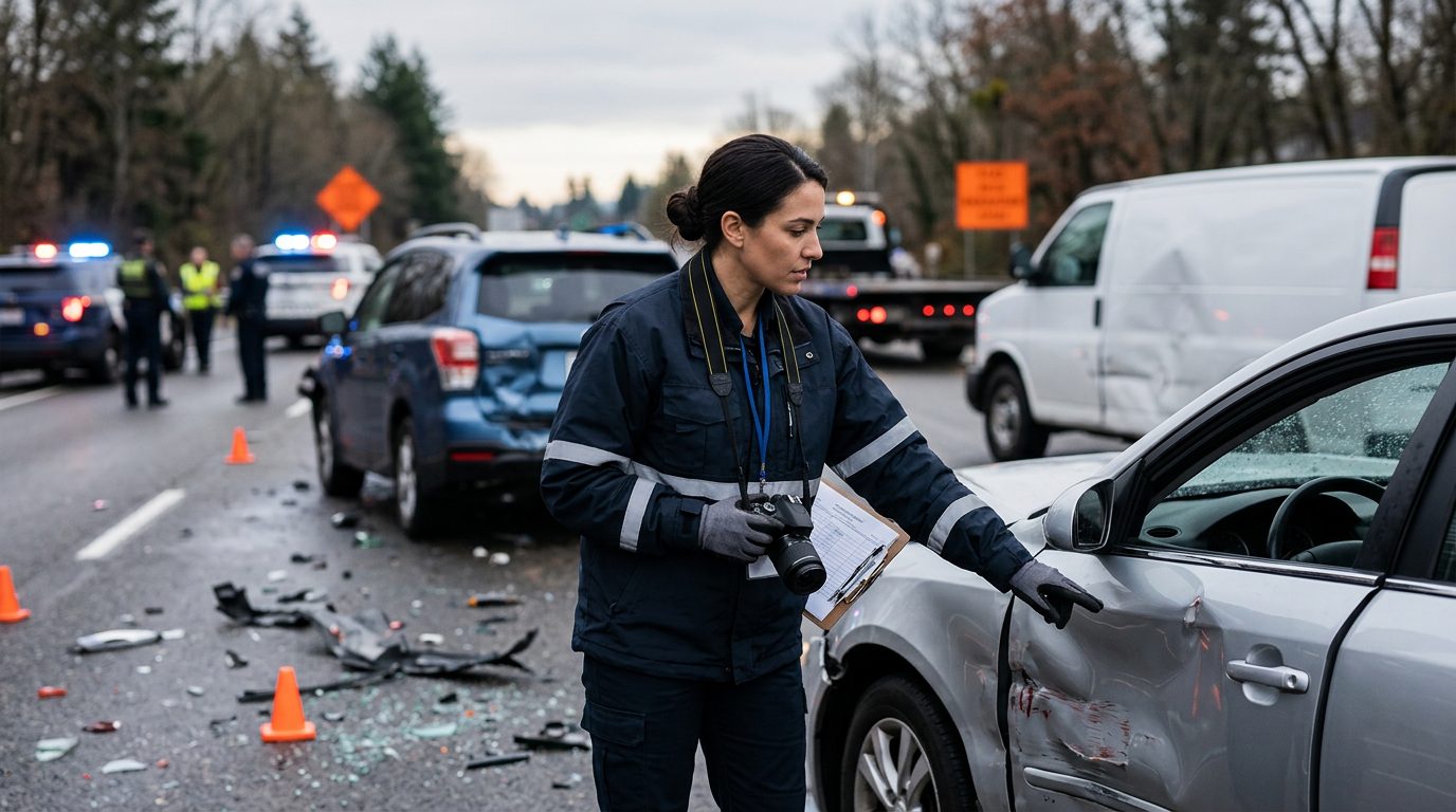 Traffic accident investigator documenting vehicle damage at a multi-vehicle collision scene.