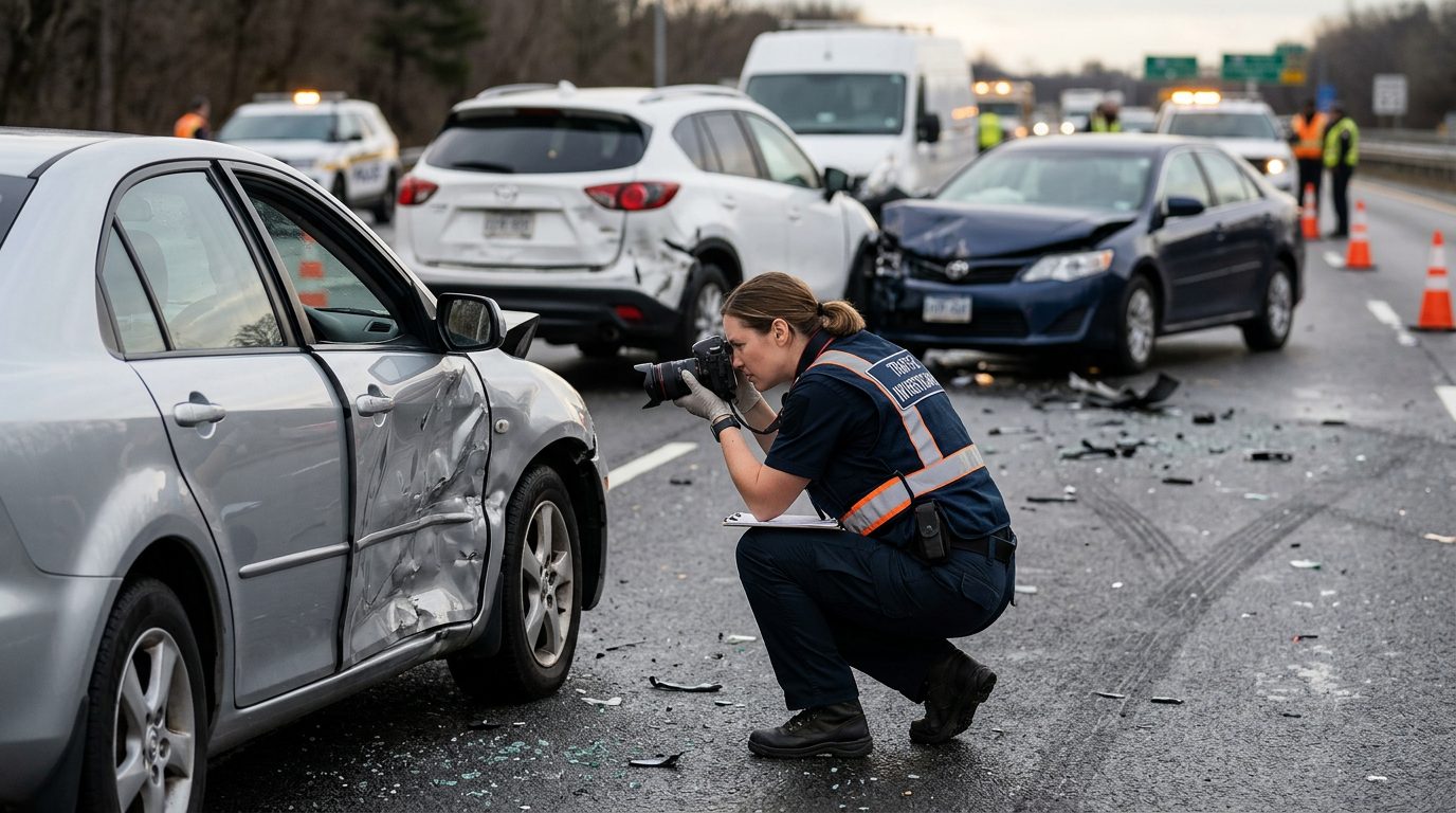 Traffic accident investigator documenting vehicle damage at a multi-vehicle collision scene.