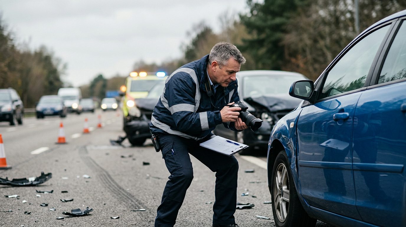 Traffic accident investigator documenting vehicle damage at multi-vehicle collision scene.