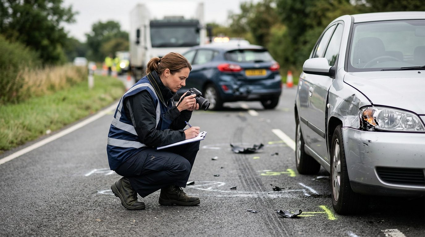 Traffic accident investigator documenting vehicle damage at multi-vehicle collision scene.