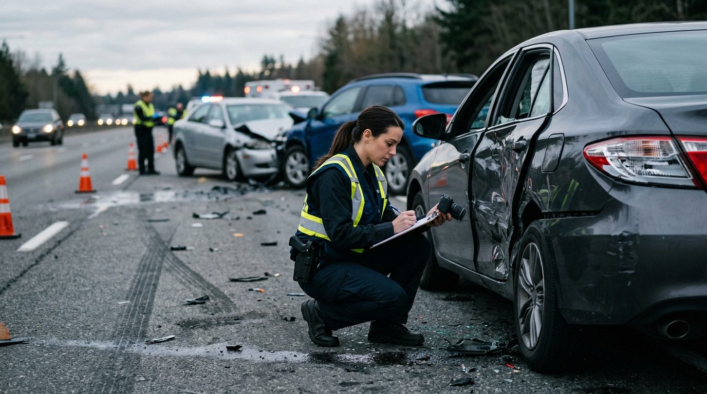Traffic accident investigator documenting vehicle damage at multi-vehicle collision scene.
