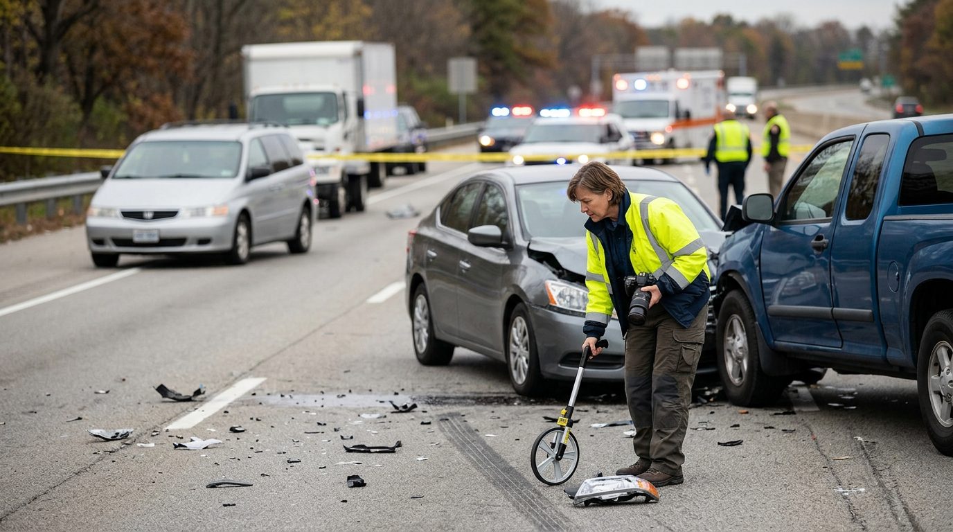 Traffic accident investigator documenting vehicle damage at multi-vehicle collision scene.