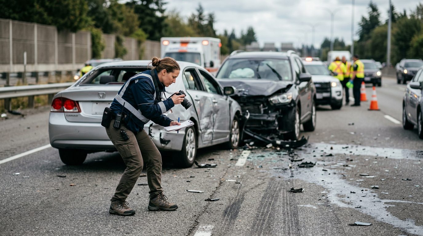 Traffic accident investigator documenting vehicle damage at multi-vehicle collision scene.