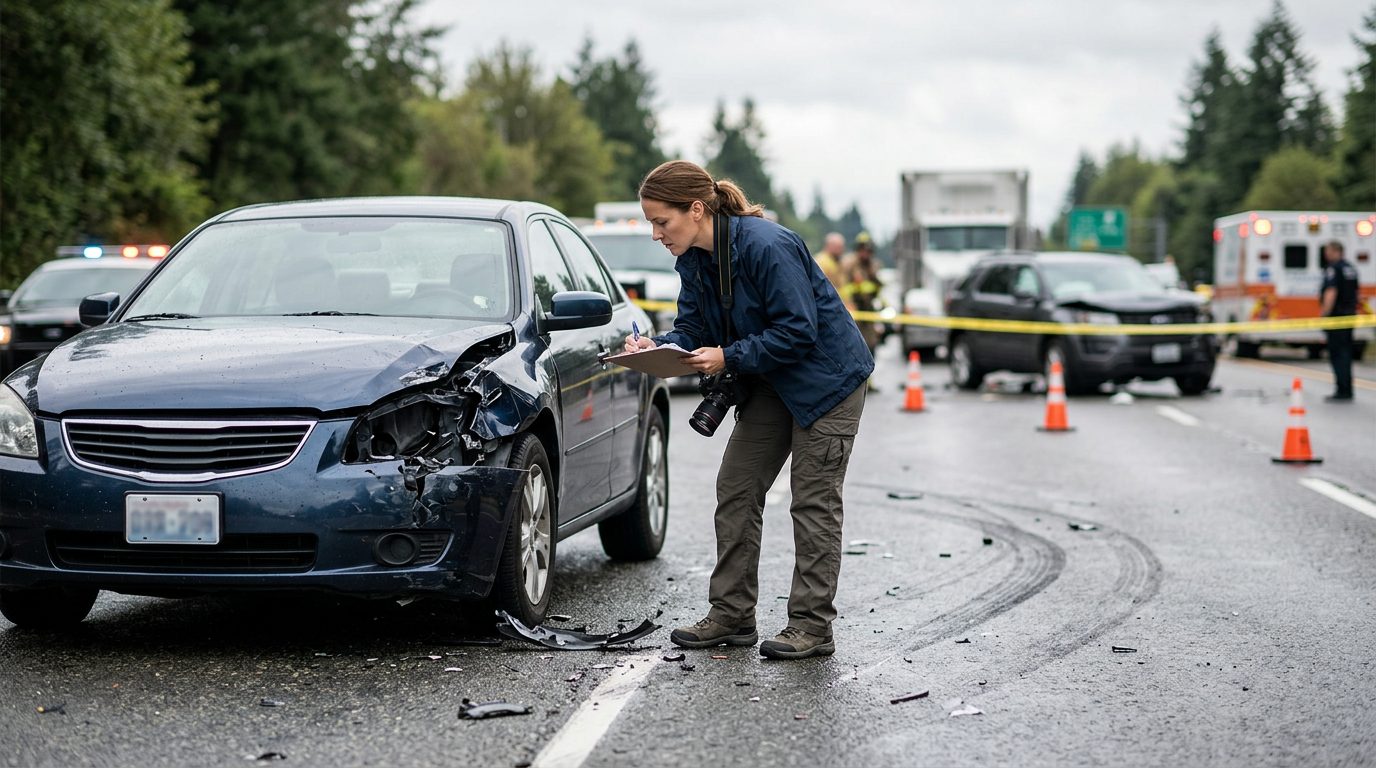 Traffic accident investigator documenting vehicle damage at multi-vehicle collision scene.