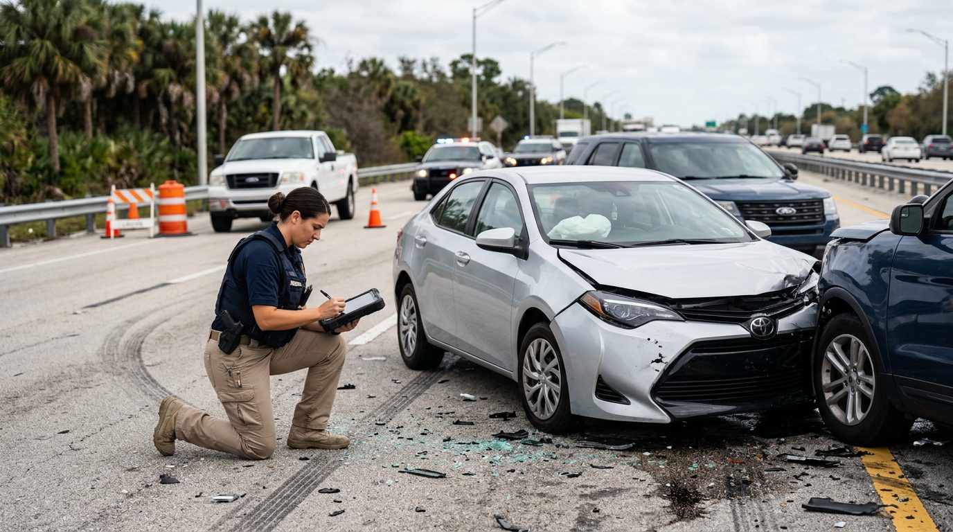 Traffic accident investigator documenting vehicle damage at a multi-vehicle collision scene.