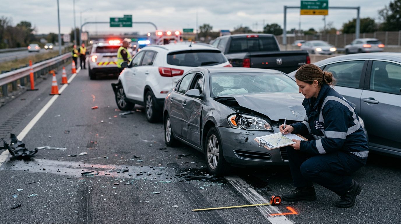 Traffic accident investigator documenting vehicle damage at multi-vehicle collision scene.