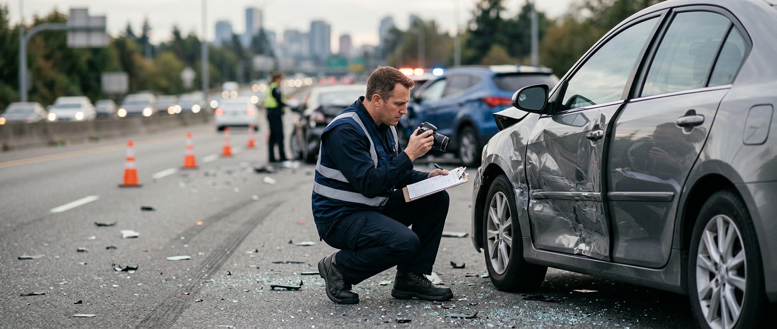 Traffic accident investigator documenting vehicle damage at multi-vehicle collision scene.