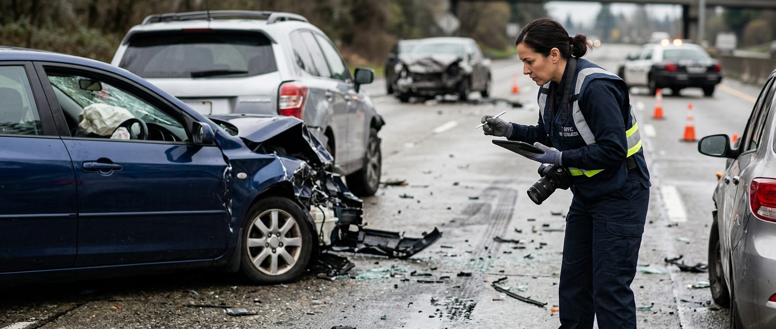 Traffic accident investigator documenting vehicle damage at multi-vehicle collision scene.
