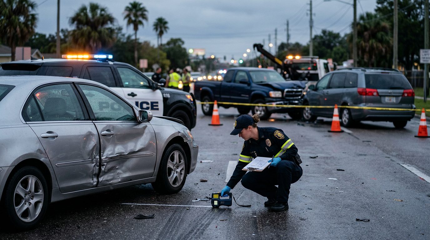 Traffic accident investigator documenting vehicle damage at multi-vehicle collision scene.