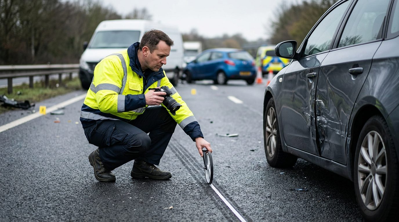 Traffic accident investigator documenting vehicle damage at a multi-vehicle collision scene.