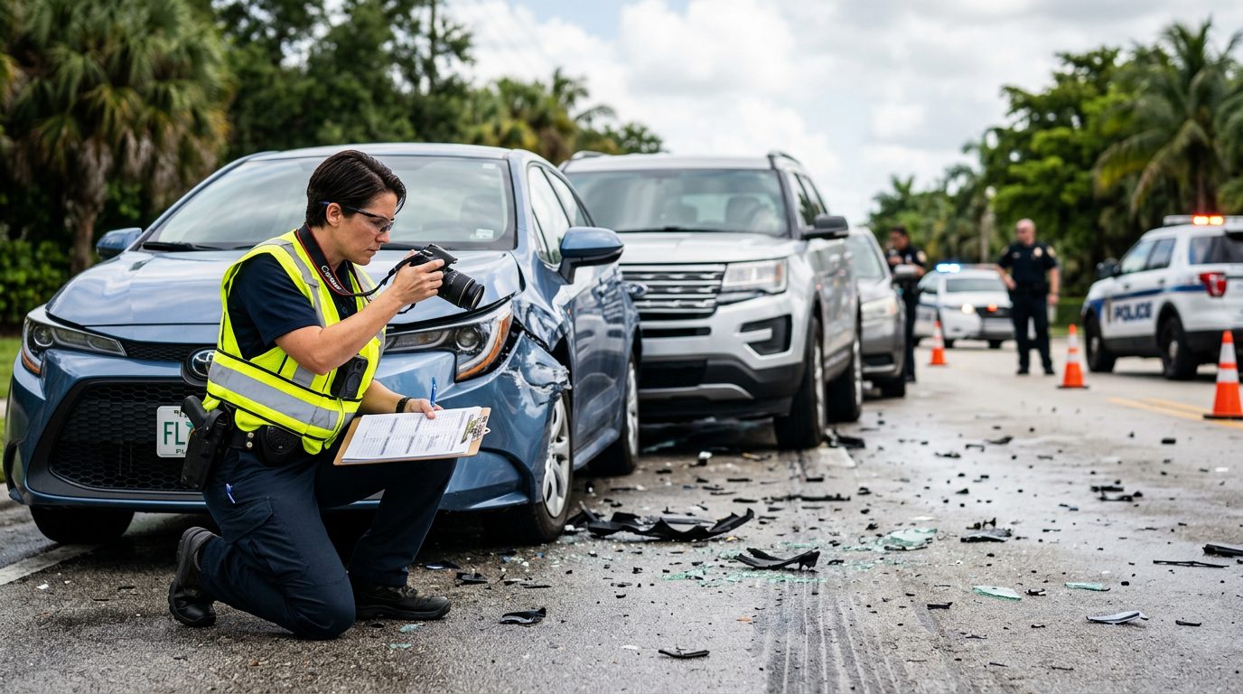 Traffic accident investigator documenting vehicle damage at multi-vehicle collision scene.