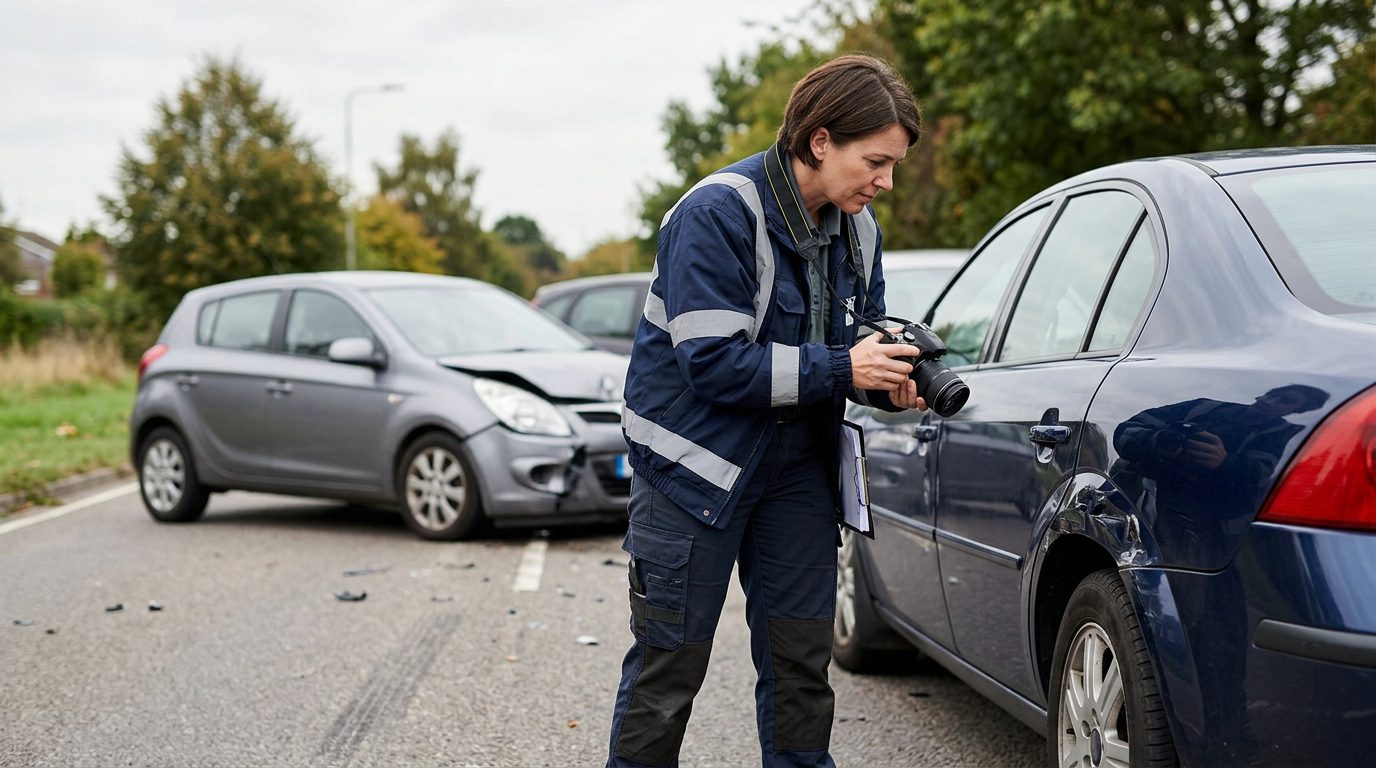 Traffic accident investigator documenting vehicle damage at multi-vehicle collision scene.