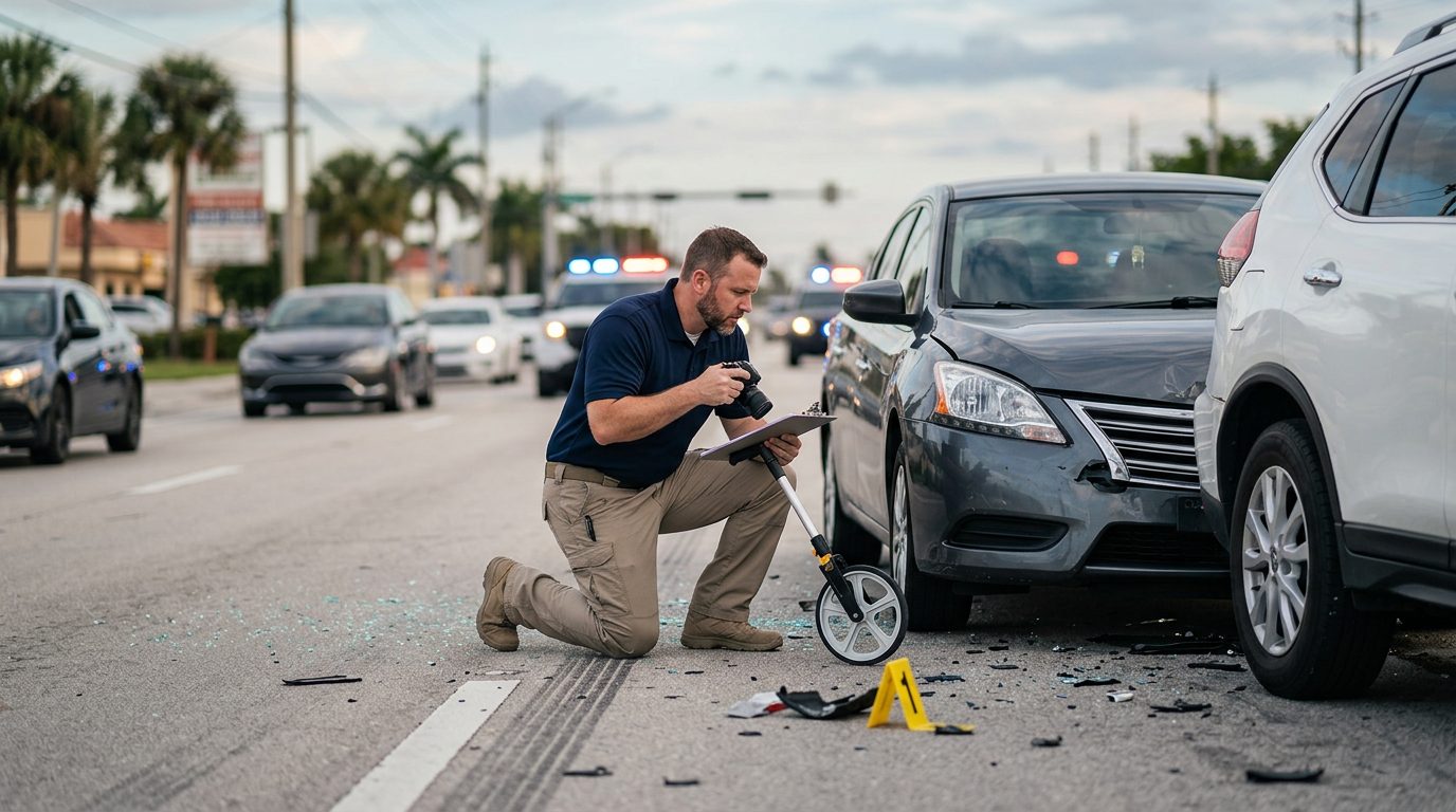 Traffic accident investigator documenting vehicle damage at multi-vehicle collision scene.