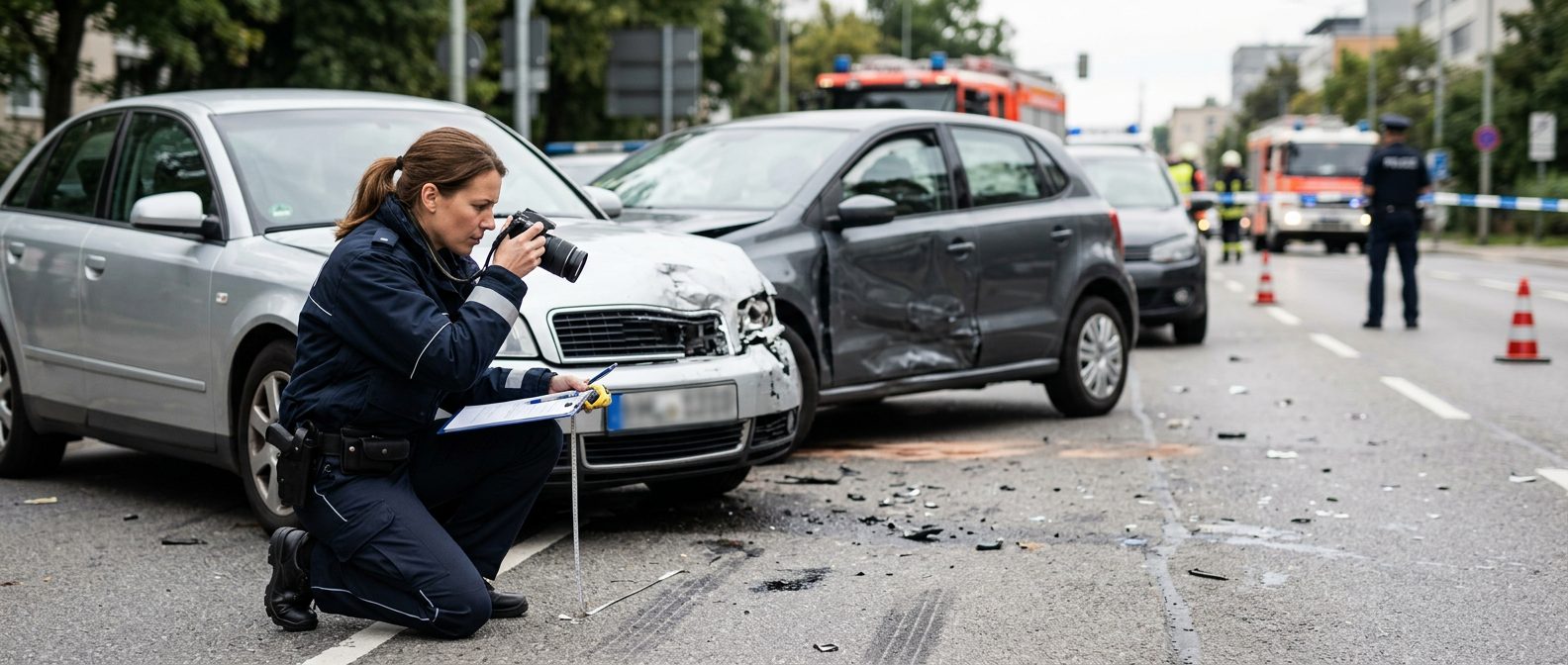 Traffic accident investigator documenting vehicle damage at multi-vehicle collision scene.