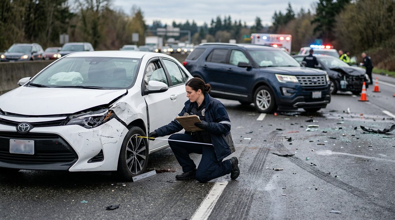 Traffic accident investigator documenting vehicle damage at multi-vehicle collision scene.