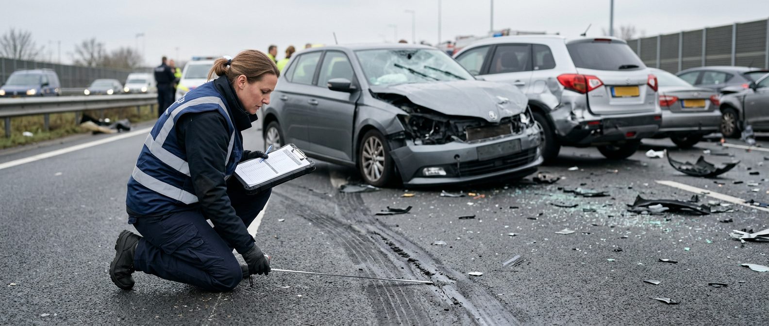 Traffic accident investigator documenting vehicle damage at multi-vehicle collision scene.