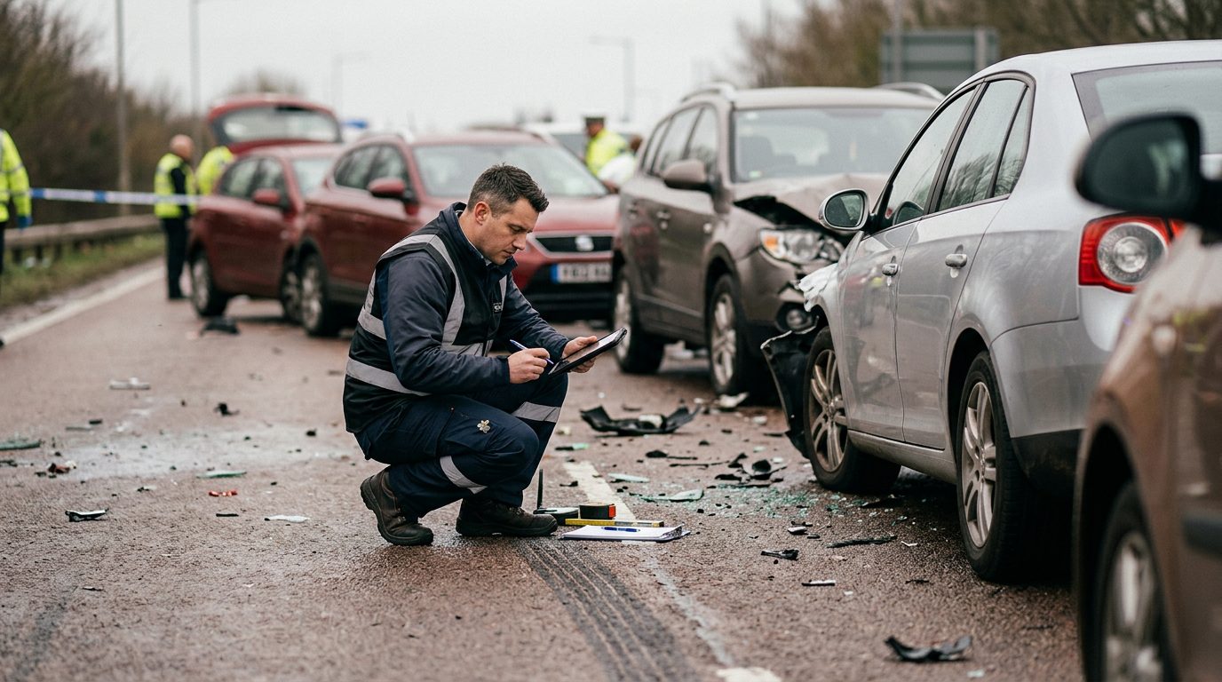 Traffic accident investigator documenting vehicle damage at multi-vehicle collision scene.