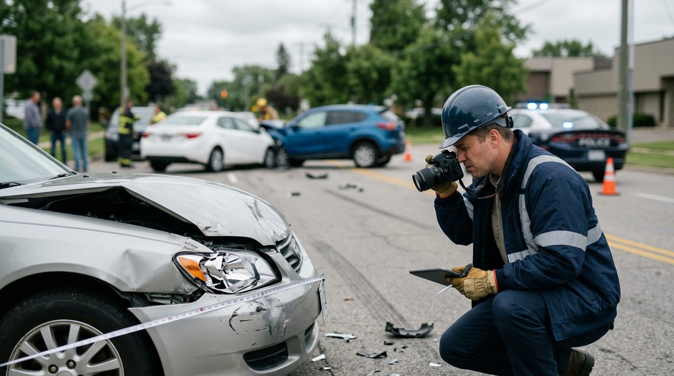 Traffic accident investigator documenting vehicle damage at multi-vehicle collision scene.