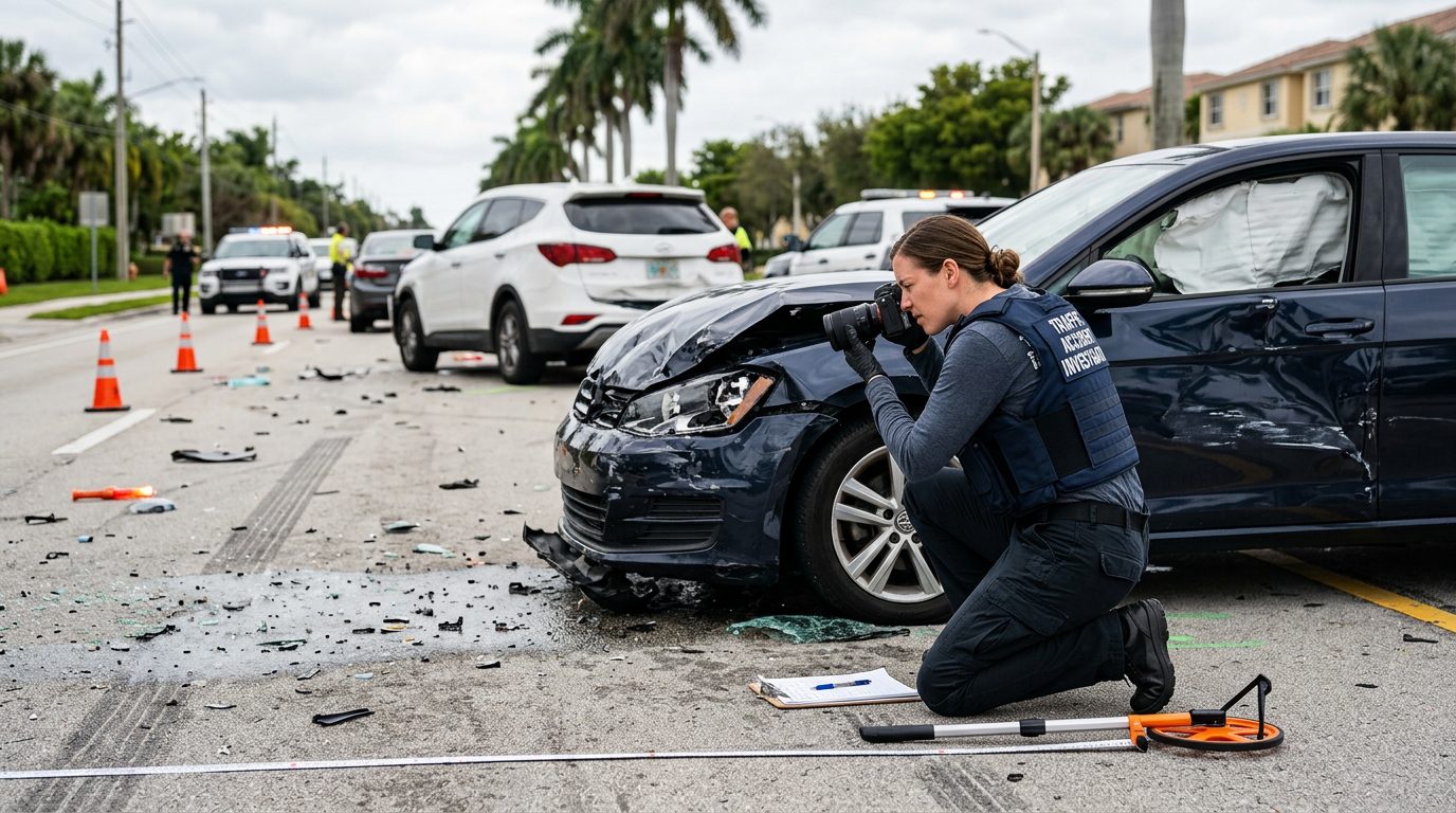 Traffic accident investigator documenting vehicle damage at multi-vehicle collision scene.