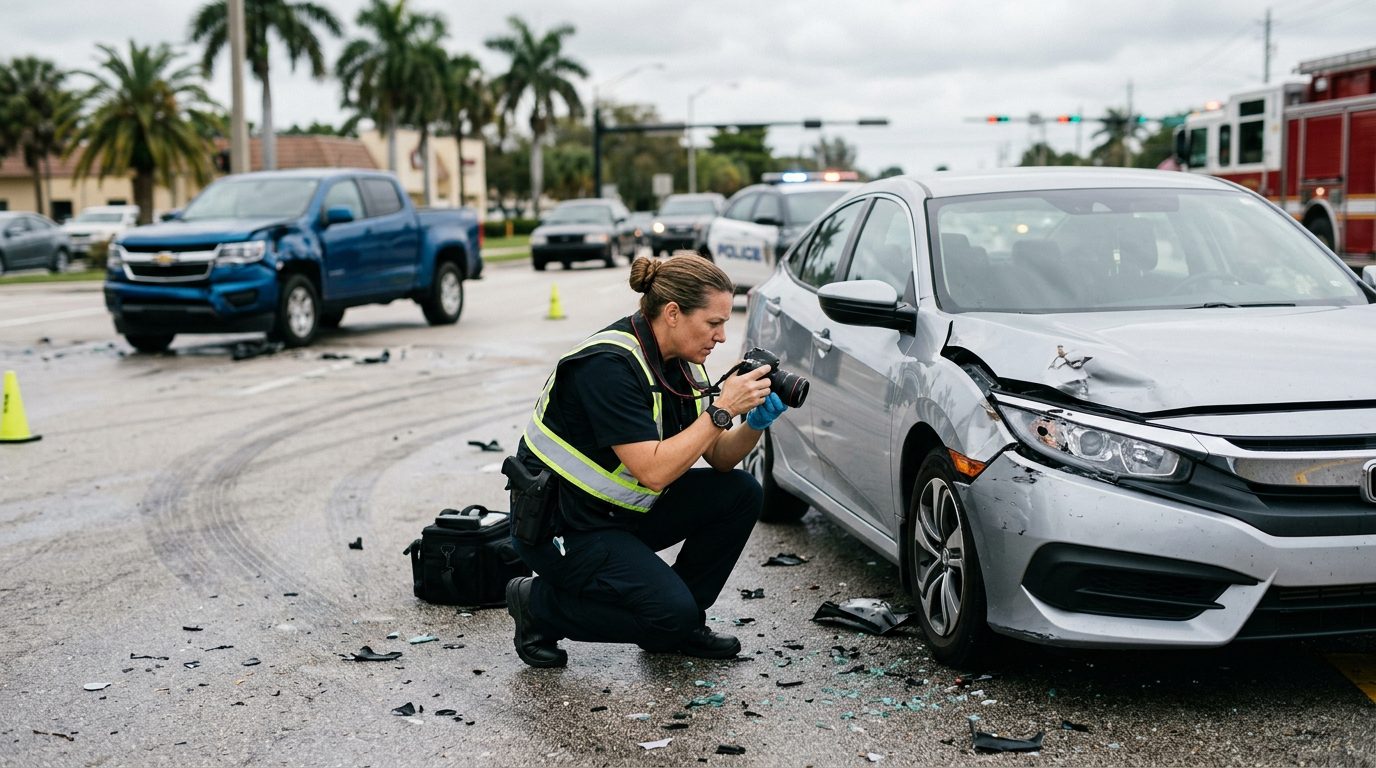 Traffic accident investigator documenting vehicle damage at multi-vehicle collision scene.