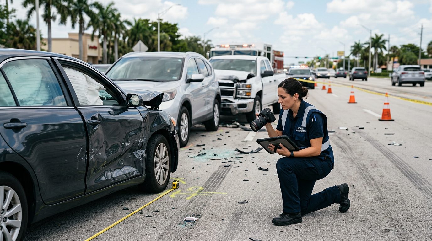 Traffic accident investigator documenting vehicle damage at multi-vehicle collision scene.
