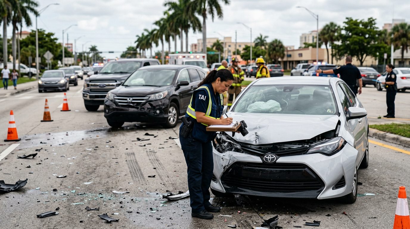 Traffic accident investigator documenting vehicle damage at multi-vehicle collision scene.