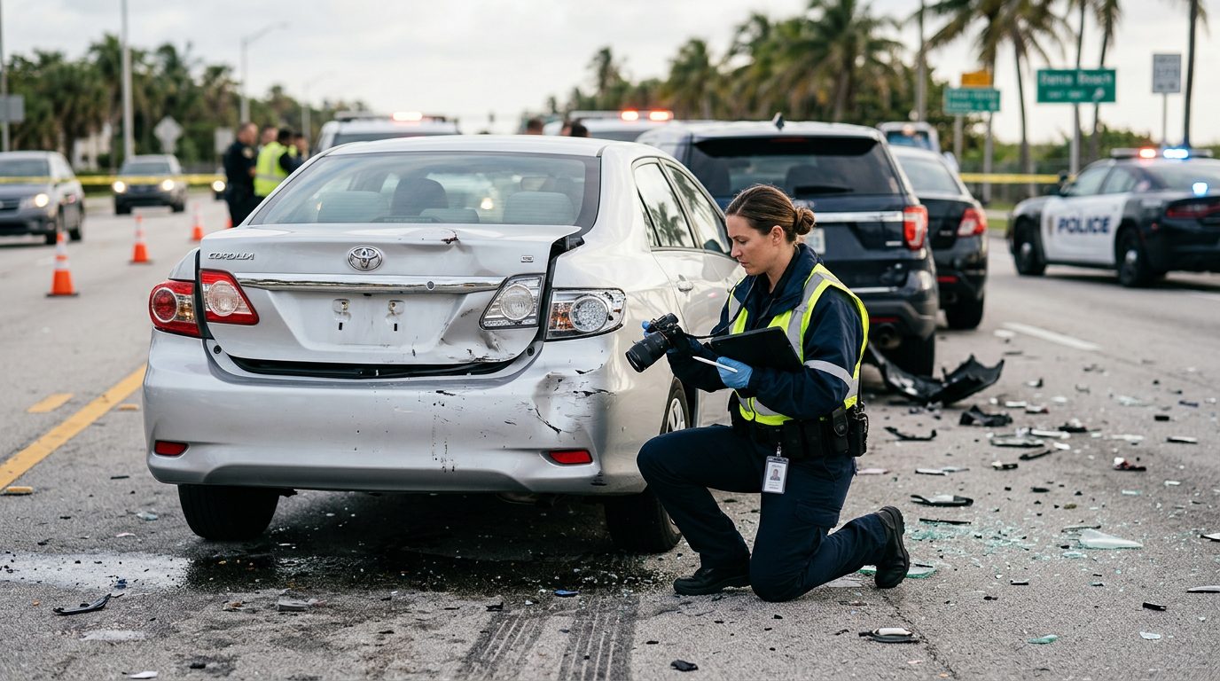 Traffic accident investigator documenting vehicle damage at multi-vehicle collision scene.