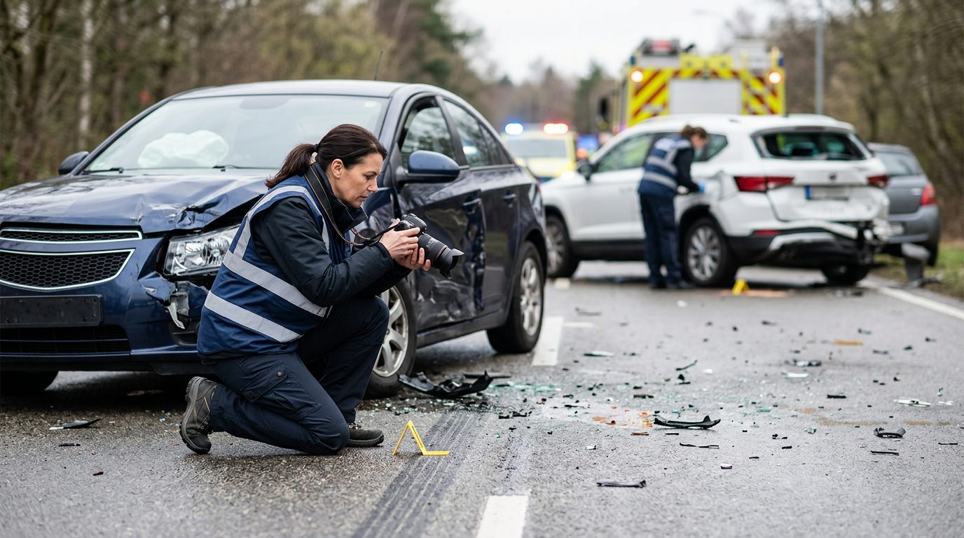 Traffic accident investigator documenting vehicle damage at multi-vehicle collision scene.