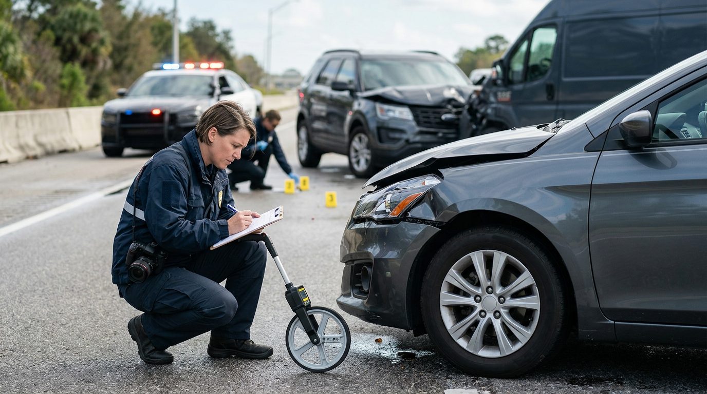 Traffic accident investigator documenting vehicle damage at multi-vehicle collision scene.