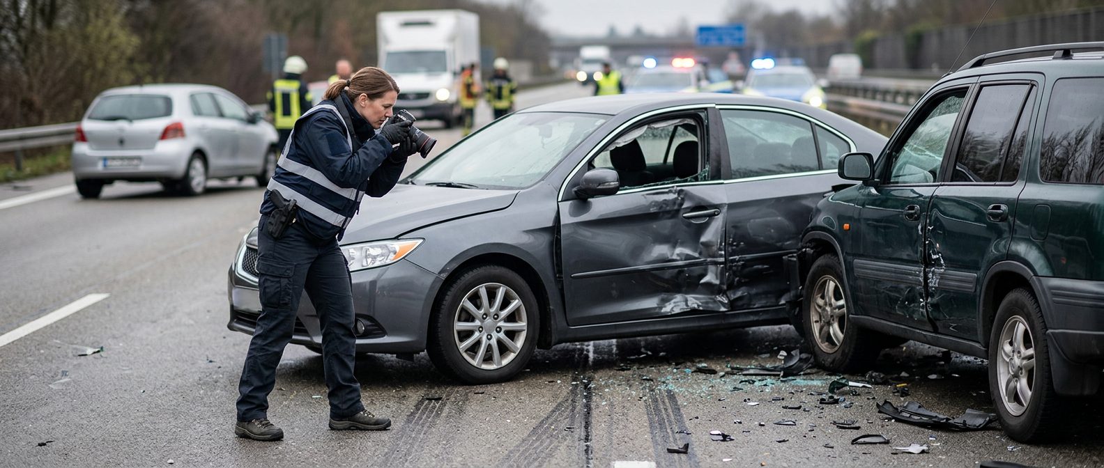 Traffic accident investigator documenting vehicle damage at multi-vehicle collision scene.