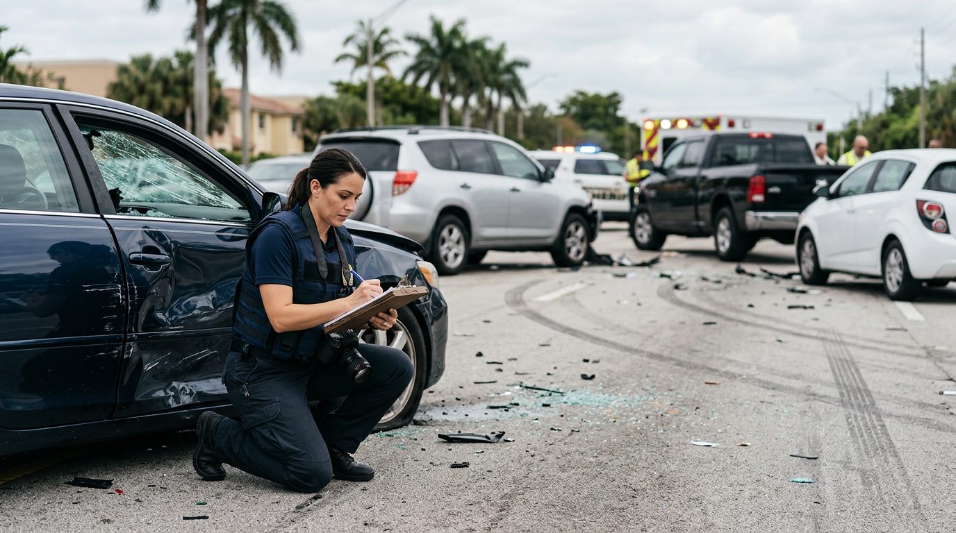Traffic accident investigator documenting vehicle damage at multi-vehicle collision scene.