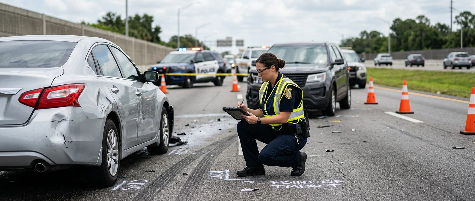 Traffic accident investigator documenting vehicle damage at multi-vehicle collision scene.