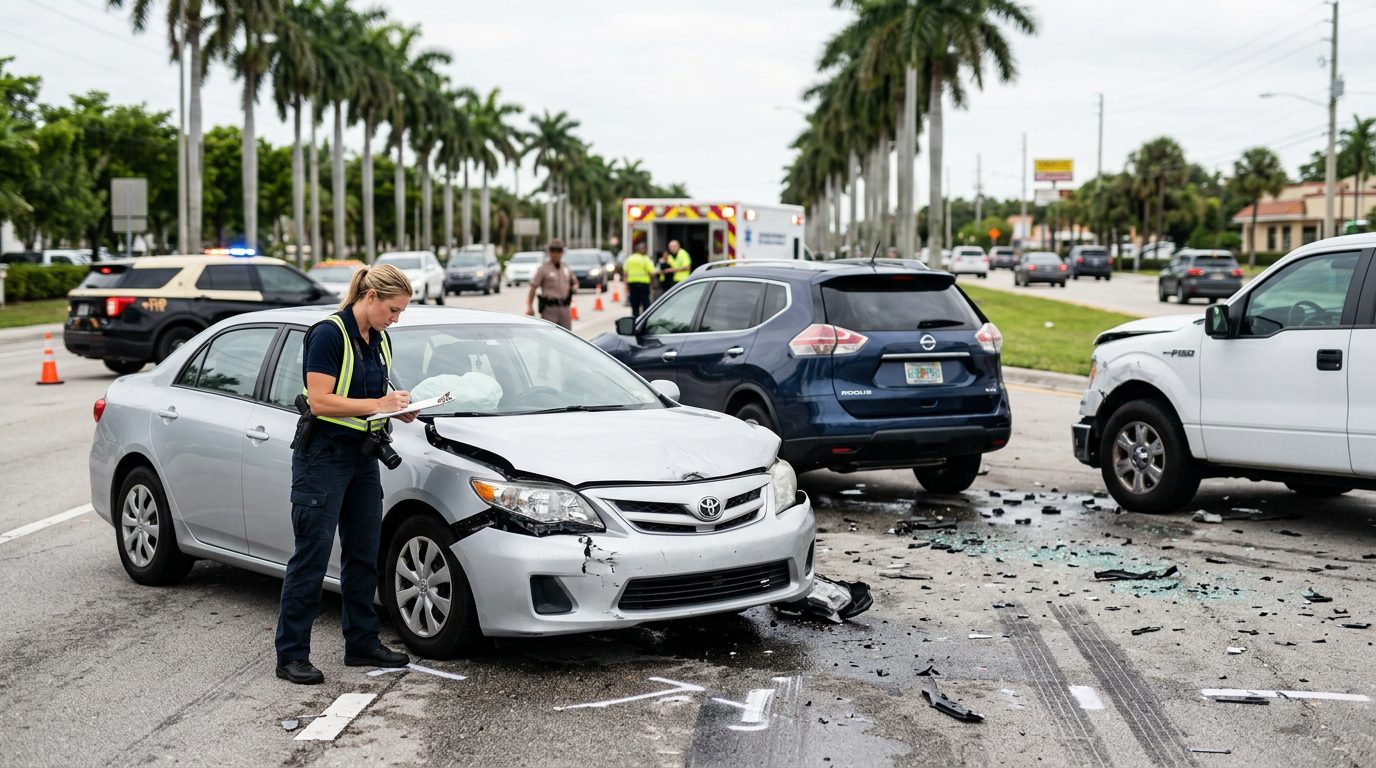 Traffic accident investigator documenting vehicle damage at multi-vehicle collision scene.